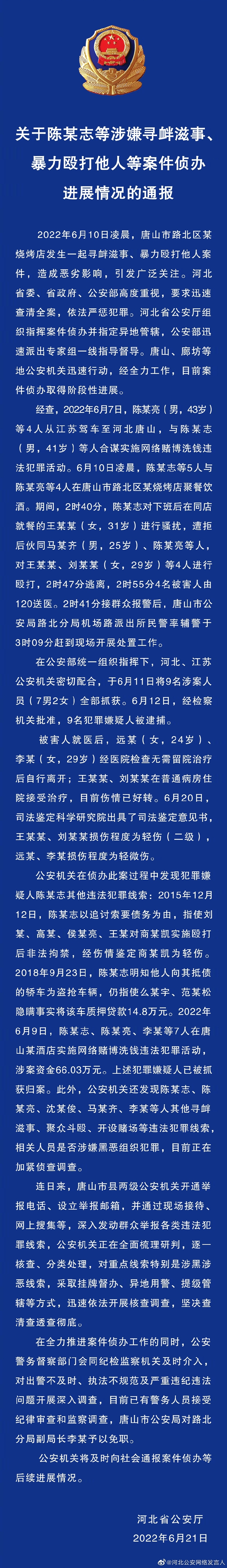 關于陳某志等涉嫌尋釁滋事、暴力毆打他人等案件偵辦進展情況的通報