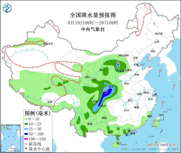 全國降水量預(yù)報(bào)圖(9月19日08時-20日08時)