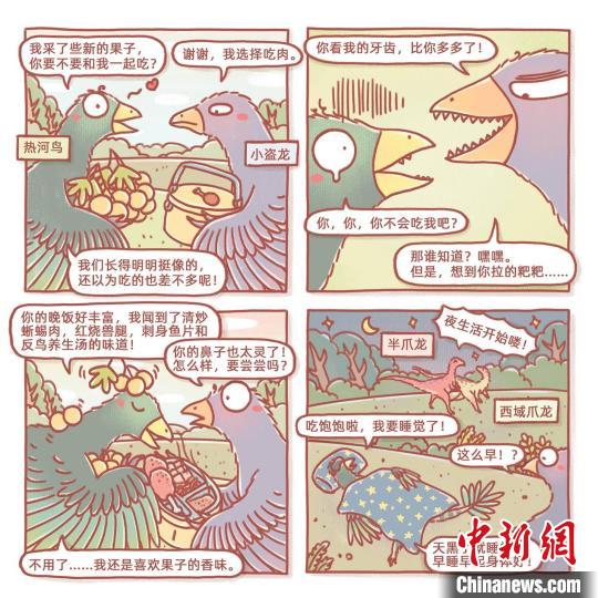 根據(jù)此次熱河鳥研究成果繪制的漫畫(燁子/繪)。　中科院古脊椎所 供圖