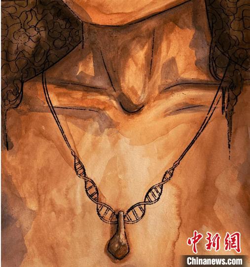 墜飾藝術(shù)再現(xiàn)圖，圖中吊墜繩為DNA螺旋樣式(圖片作者M(jìn)yrthe Lucas)?！∈┢樟指瘛ぷ匀?供圖