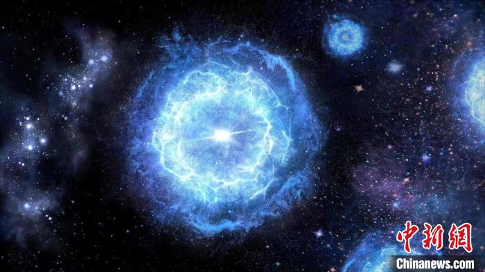 第一代超大質(zhì)量恒星演化成為“對不穩(wěn)定超新星”的藝術(shù)展示圖?！≈锌圃簢姨煳呐_ 供圖