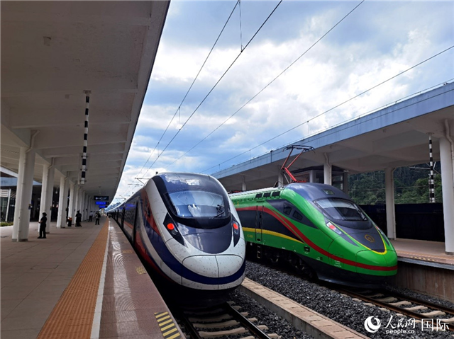 “復(fù)興號(hào)”和“瀾滄號(hào)”國際旅客列車?？吭诶蠐肽ザ≌?。人民網(wǎng) 杜明明攝