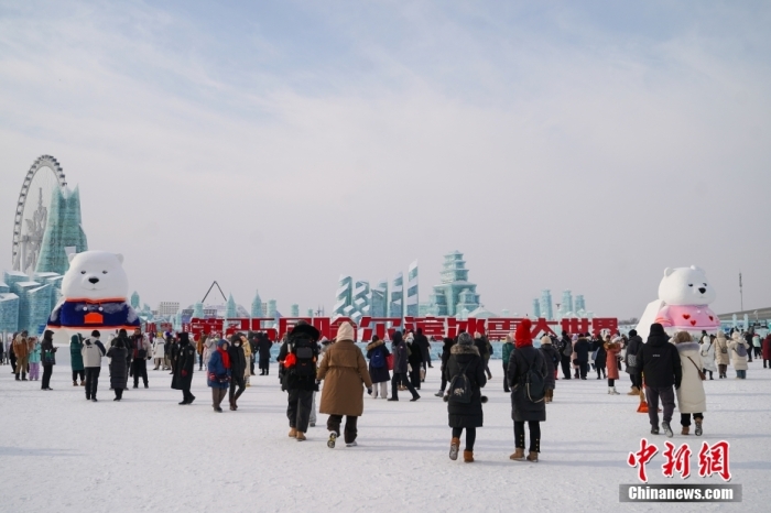 1月4日，第25屆哈爾濱冰雪大世界內(nèi)的冰雕吸引游客觀看。白天的冰雪大世界，游客仿佛置身現(xiàn)實(shí)版“冰雪奇緣”。<a target='_blank' href='/'><p  align=