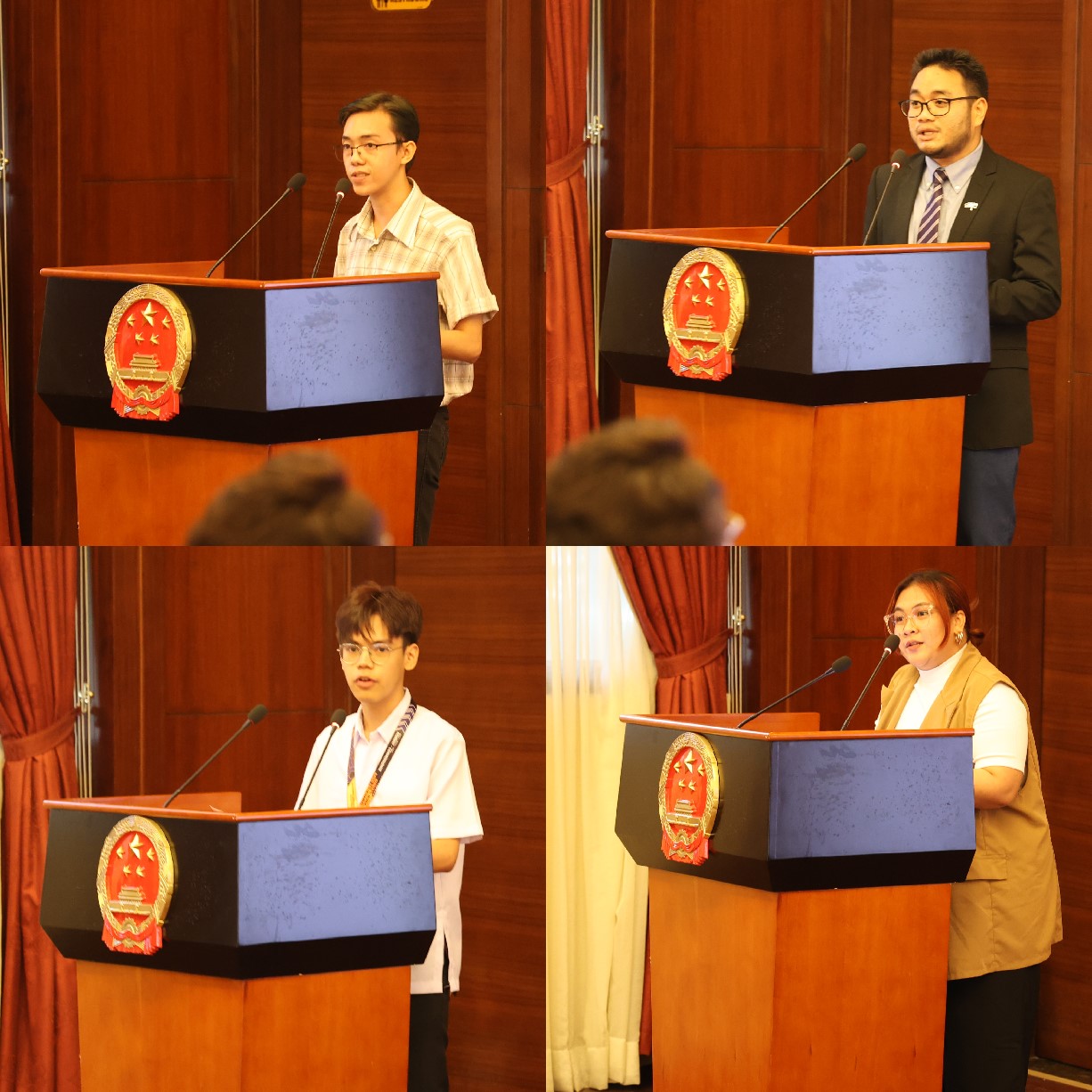 菲律賓大學(xué)、菲律賓師范大學(xué)的4位學(xué)生和校友代表現(xiàn)場(chǎng)發(fā)言向中方表示感謝并分享體會(huì)。駐菲律賓使館 供圖