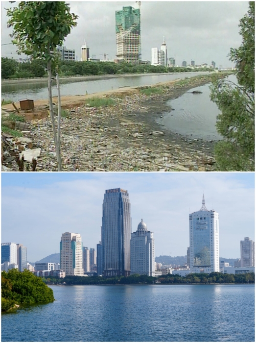 上圖：筼筜湖治理前資料圖。下圖：筼筜湖如今的美麗風光。人民網記者 吳超嵐攝
