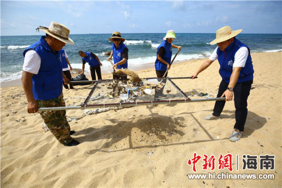 環(huán)保志愿者用篩網“淘”出海灘上的垃圾。
