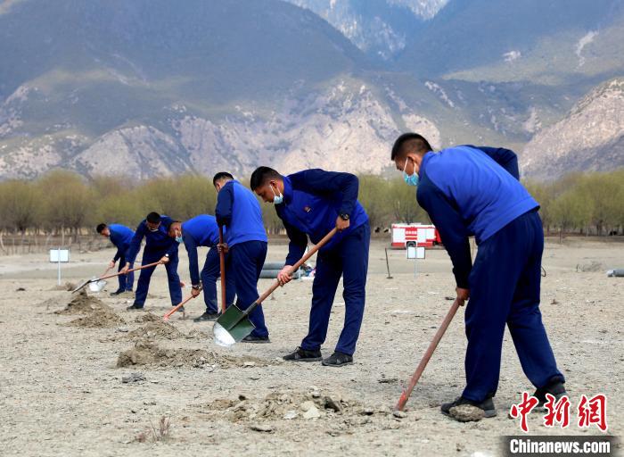 林芝市巴宜區(qū)森林消防中隊志愿服務(wù)隊正在揮鍬鏟土?！∥骼@拉翁 攝