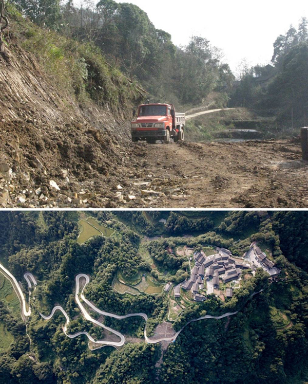 拼版照片：上圖為2011年12月拍攝的湖南省湘西土家族苗族自治州花垣縣十八洞村進(jìn)村道路；下圖為2019年9月拍攝的十八洞村及進(jìn)村道路。