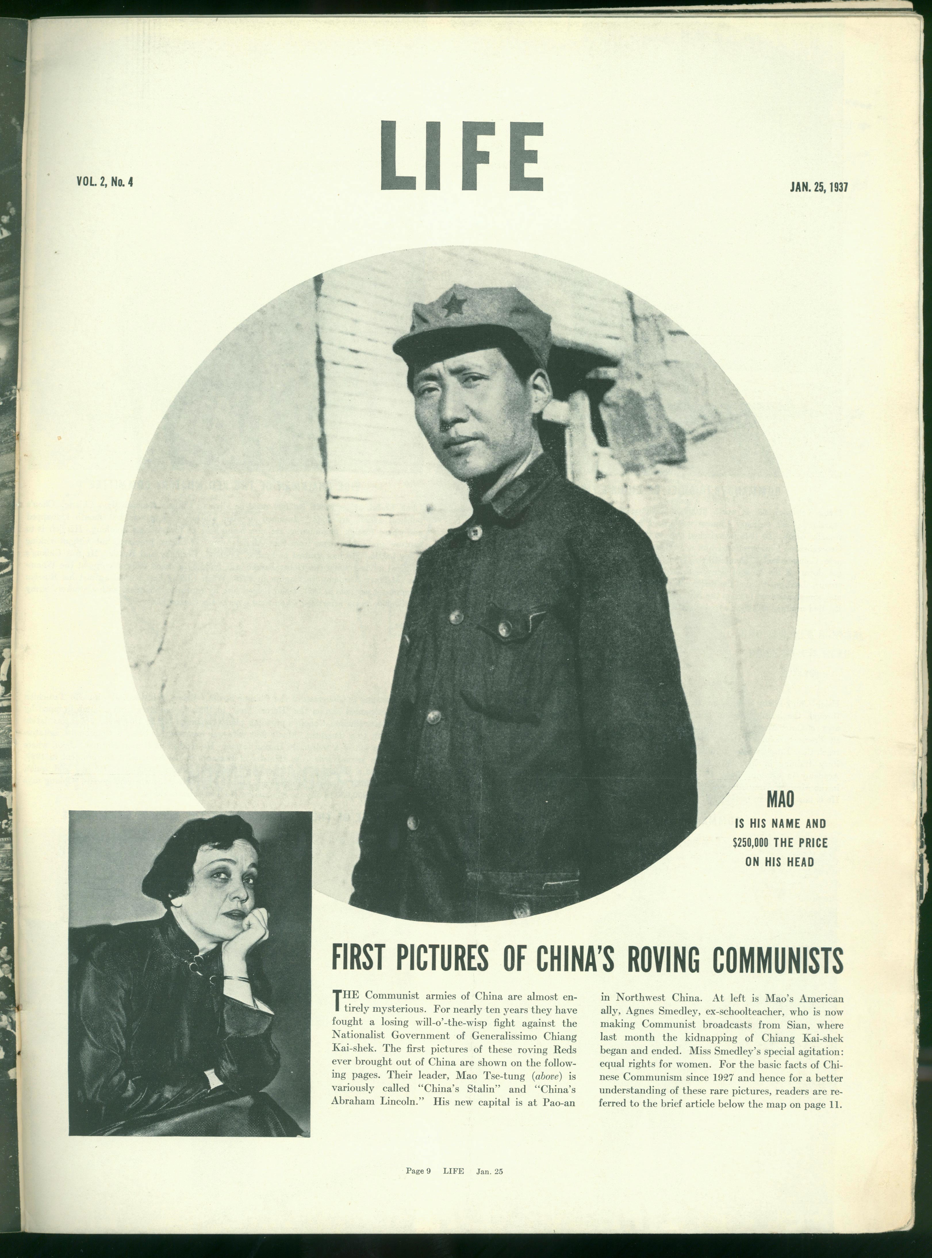 1937年1月25日，美國(guó)《生活》周刊刊登毛澤東照片，照片右下方寫(xiě)著一行字：“毛，這是他的名字，他的人頭價(jià)值25萬(wàn)元。”