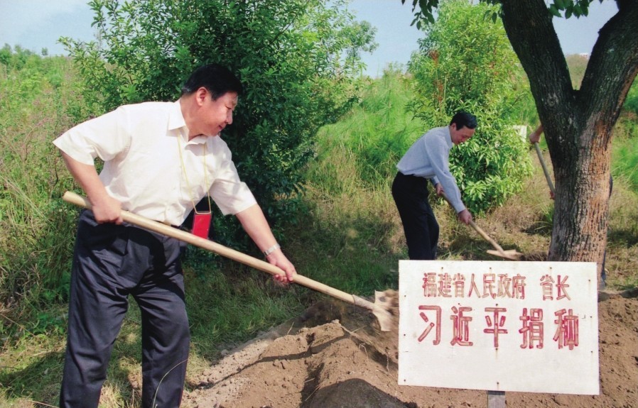 2001年10月，習近平在龍巖市長汀縣調研水土流失治理工作，在河田世紀生態(tài)園為樹培土。圖源：《習近平在福建（下）》