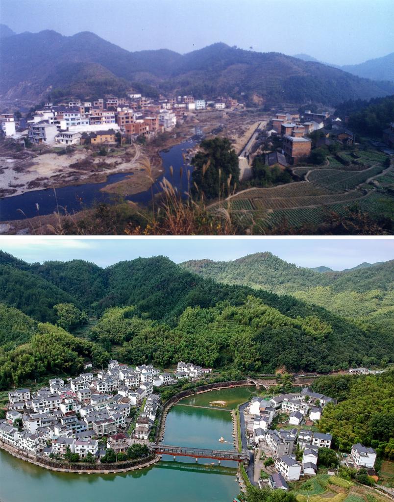圖為浙江省杭州市淳安縣楓樹嶺鎮(zhèn)下姜村拼版圖，其中上圖為資料照片、下圖由新華社記者張鋮攝。