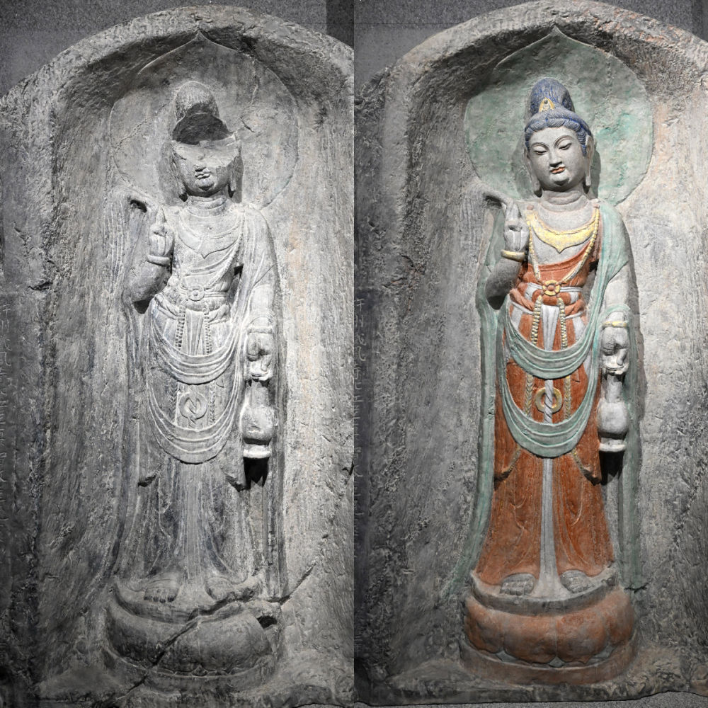 左圖為龍門石窟萬佛洞窟前南壁菩薩造像的3D打印模型；右圖為利用數字化技術復原后的3D打印模型（2025年4月10日攝，拼版照片）。復原后的像龕精妙絕倫，栩栩如生，被游客譽為“龍門最美菩薩”。圖片來源新華社