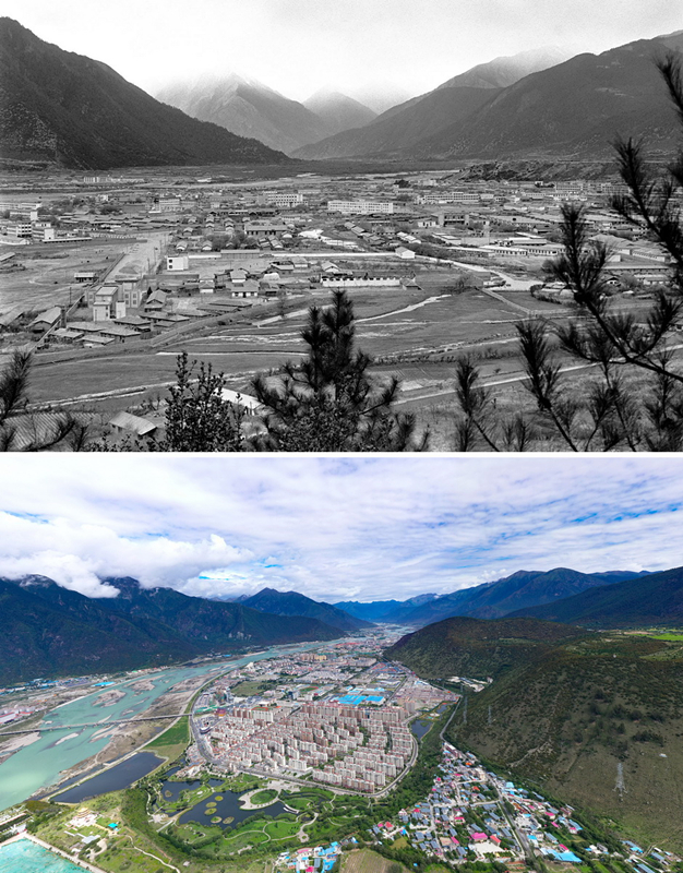 拼版照片：上圖是20世紀90年代的西藏林芝八一鎮(zhèn)；下圖是2021年7月20日拍攝的西藏林芝八一鎮(zhèn)風貌。